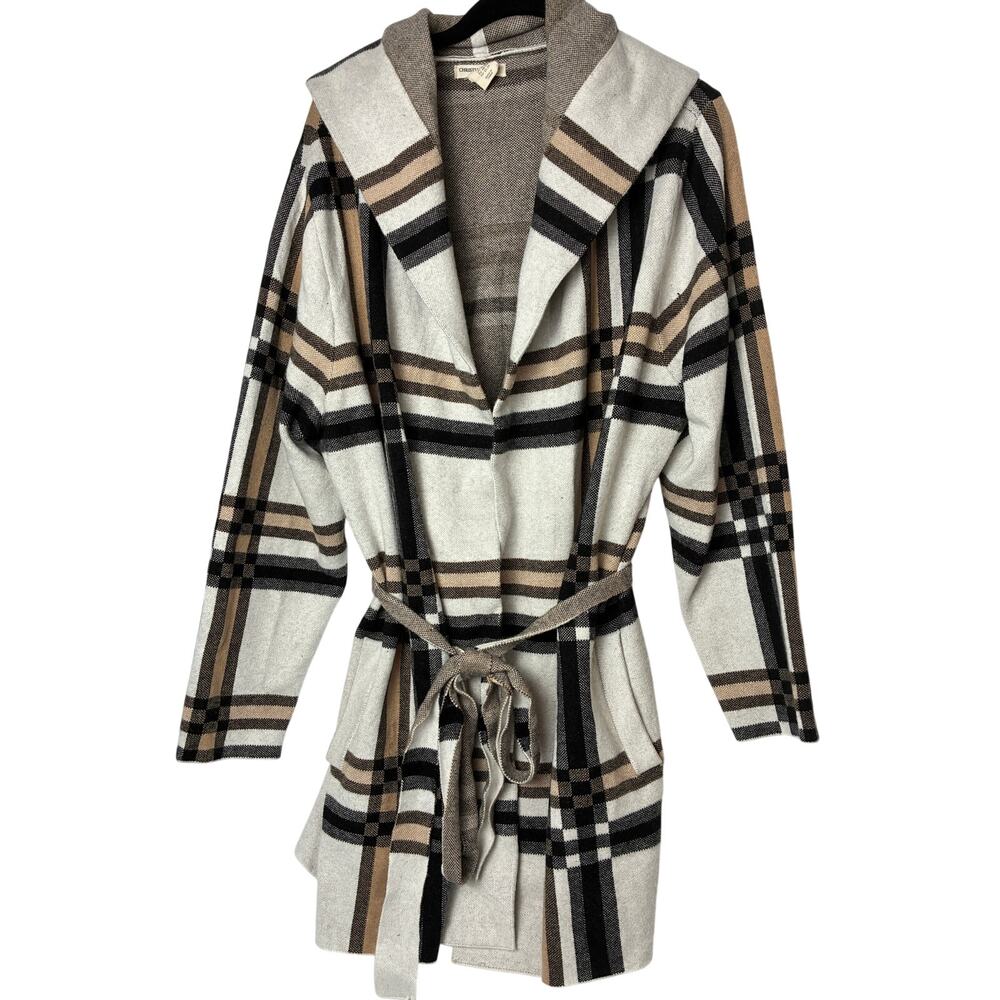 Christian Siriano Sweater Jacket Cardigan Womens 2X Cream Tan Plaid Belt Hood